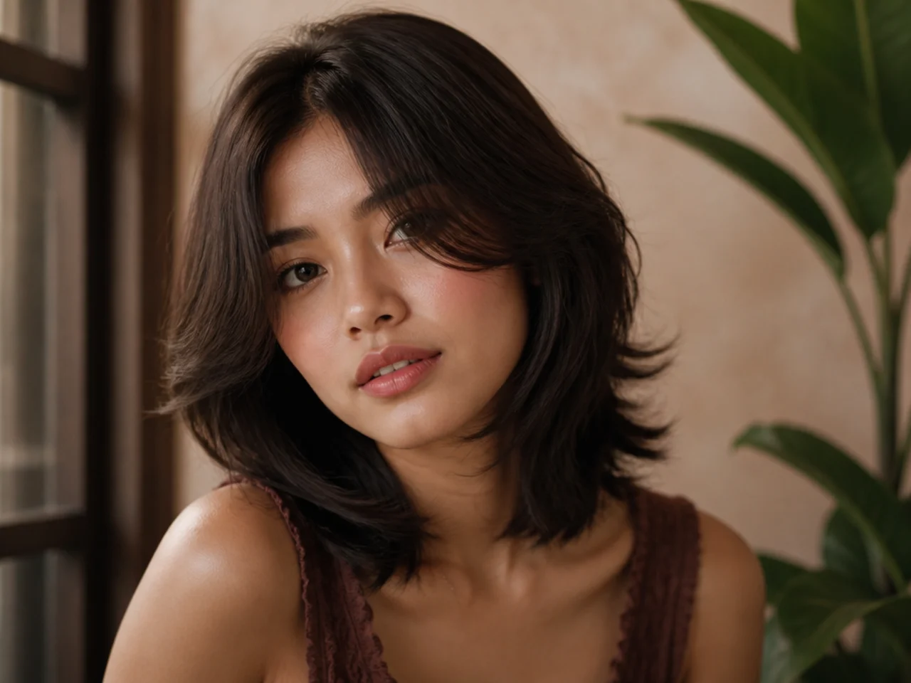 A short butterfly cut with a centre part