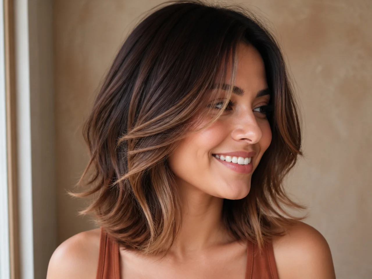 A short butterfly cut with balayage through the ends