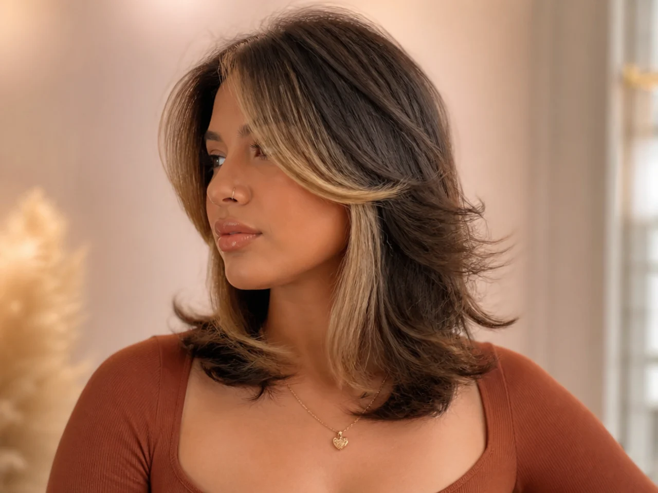 A short butterfly cut with a brightened money piece