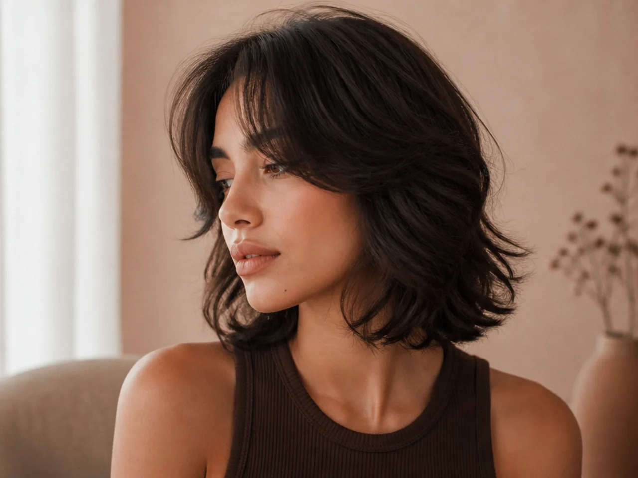 A short butterfly cut with curtain bangs