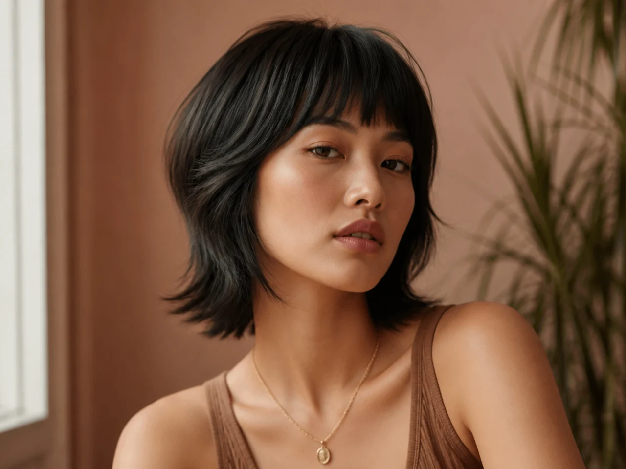 A short butterfly cut with a full blunt fringe