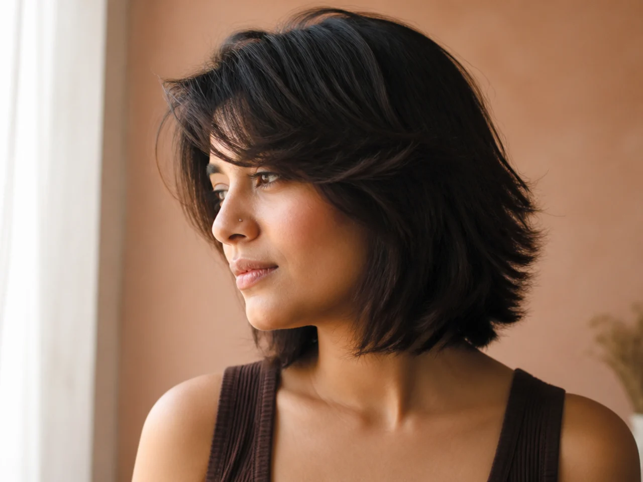 A short butterfly cut with side swept bangs