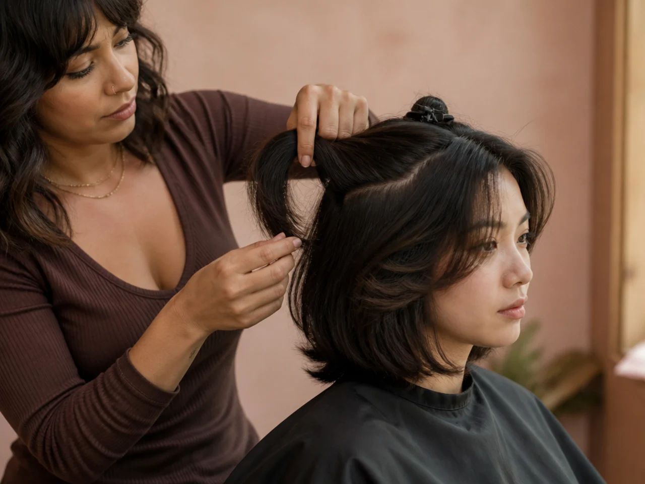 A stylist sectioning the interior layers of a short butterfly cut