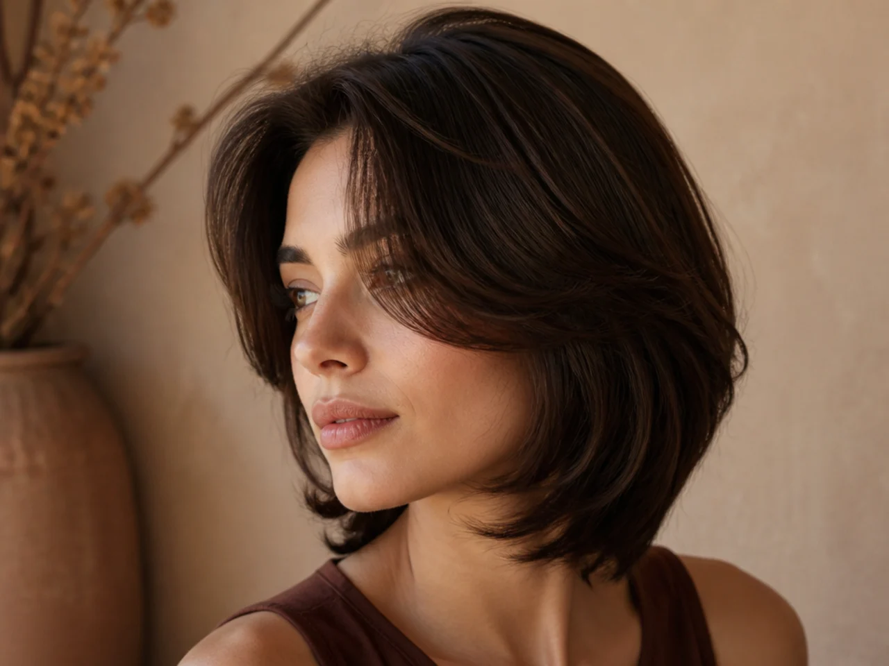 Three quarter view of a short butterfly haircut