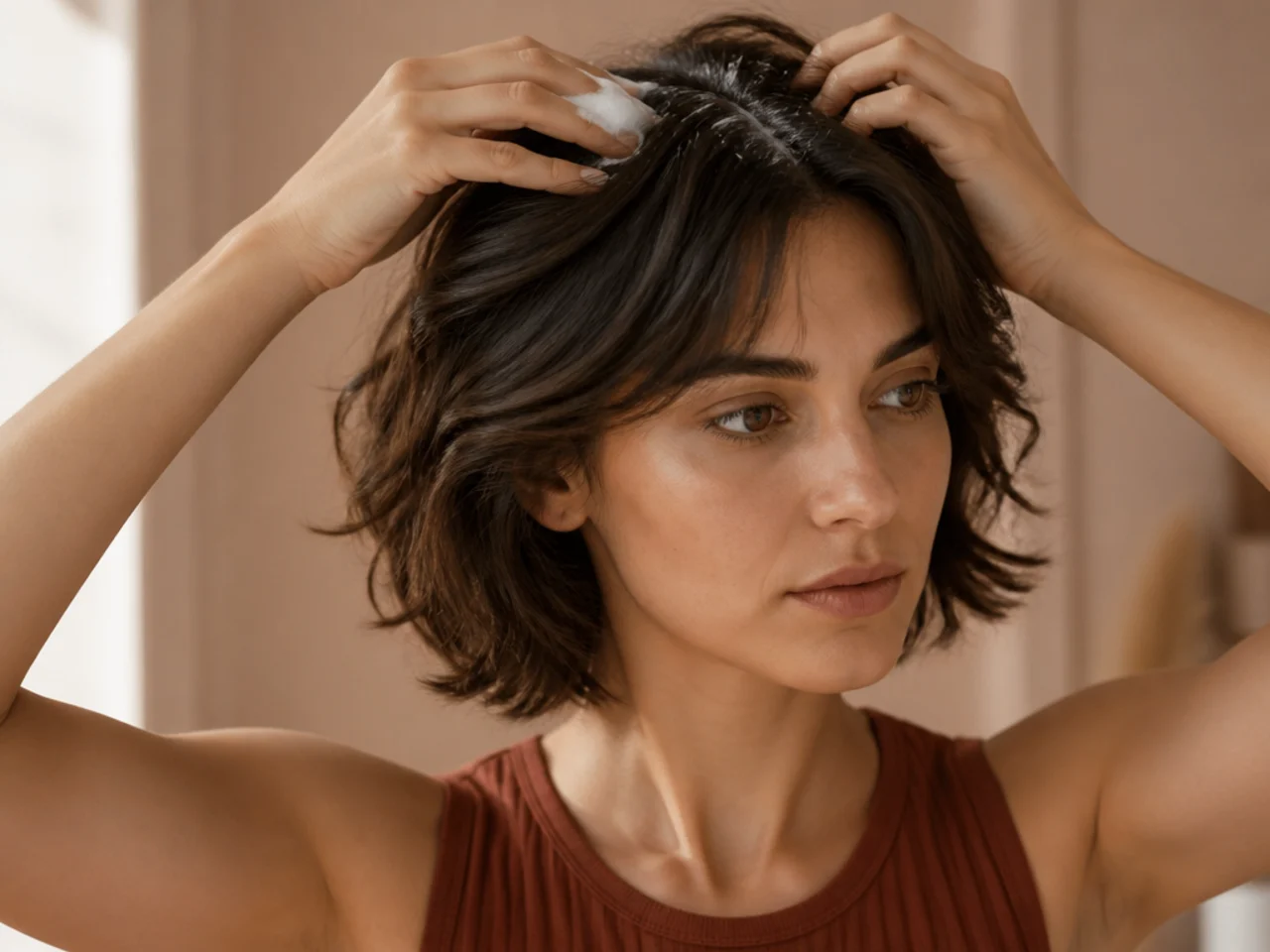 Mousse being applied at the roots of a short butterfly cut