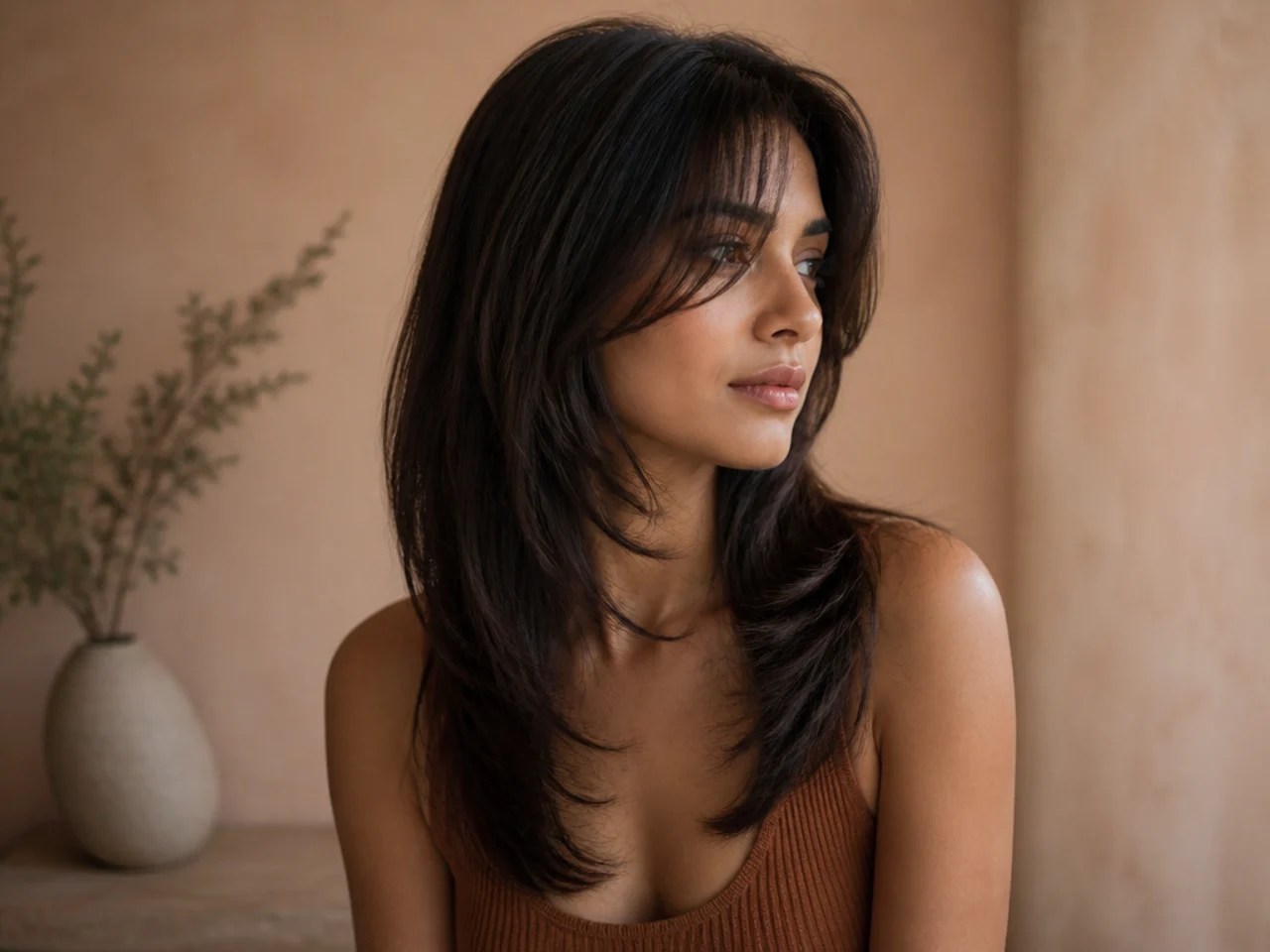 Dense dark hair cut in two lengths with a narrow outline rather than a wide triangle