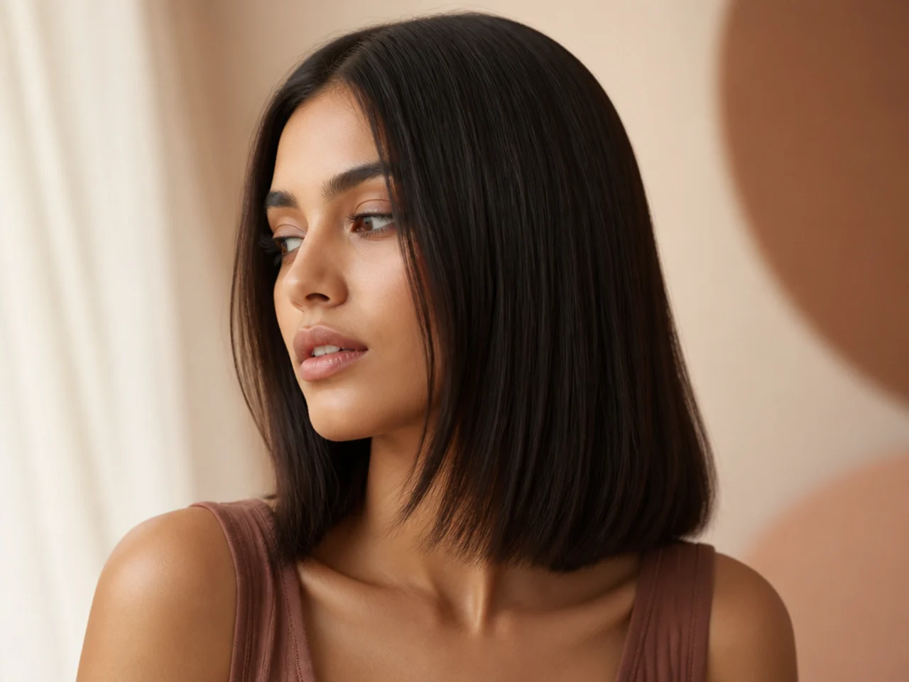Poker straight shoulder length hair with softly pointed layer ends around the jaw