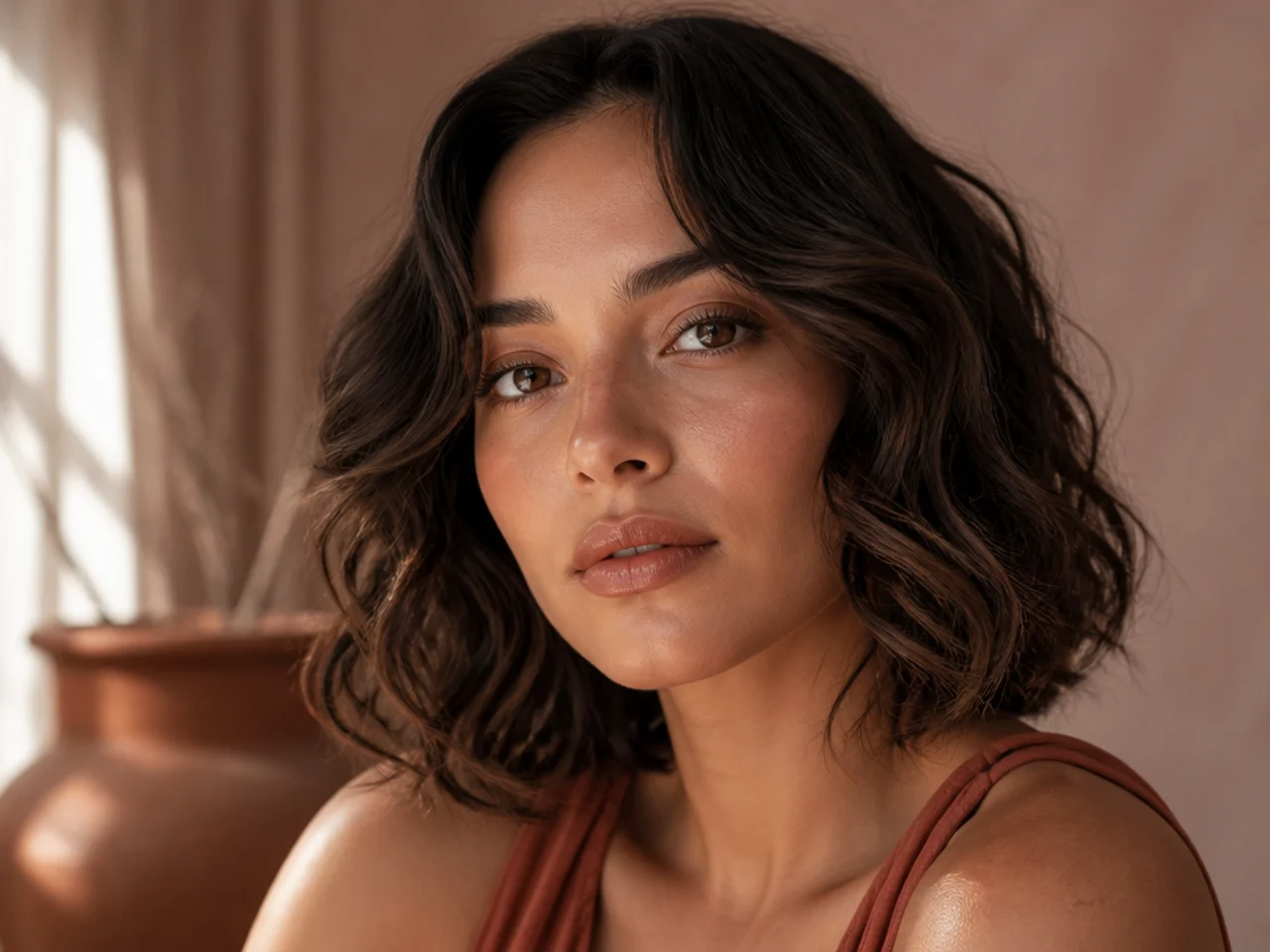 Loose waves at shoulder length with shorter waved pieces bending away from the cheeks