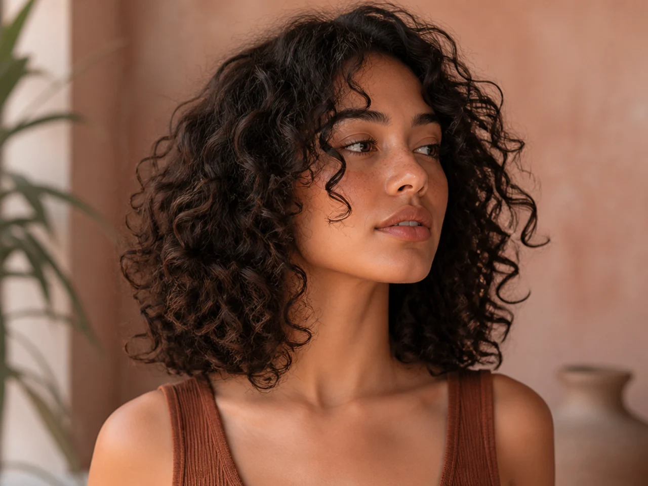 Defined springy curls at shoulder length with shorter curls framing the cheekbones