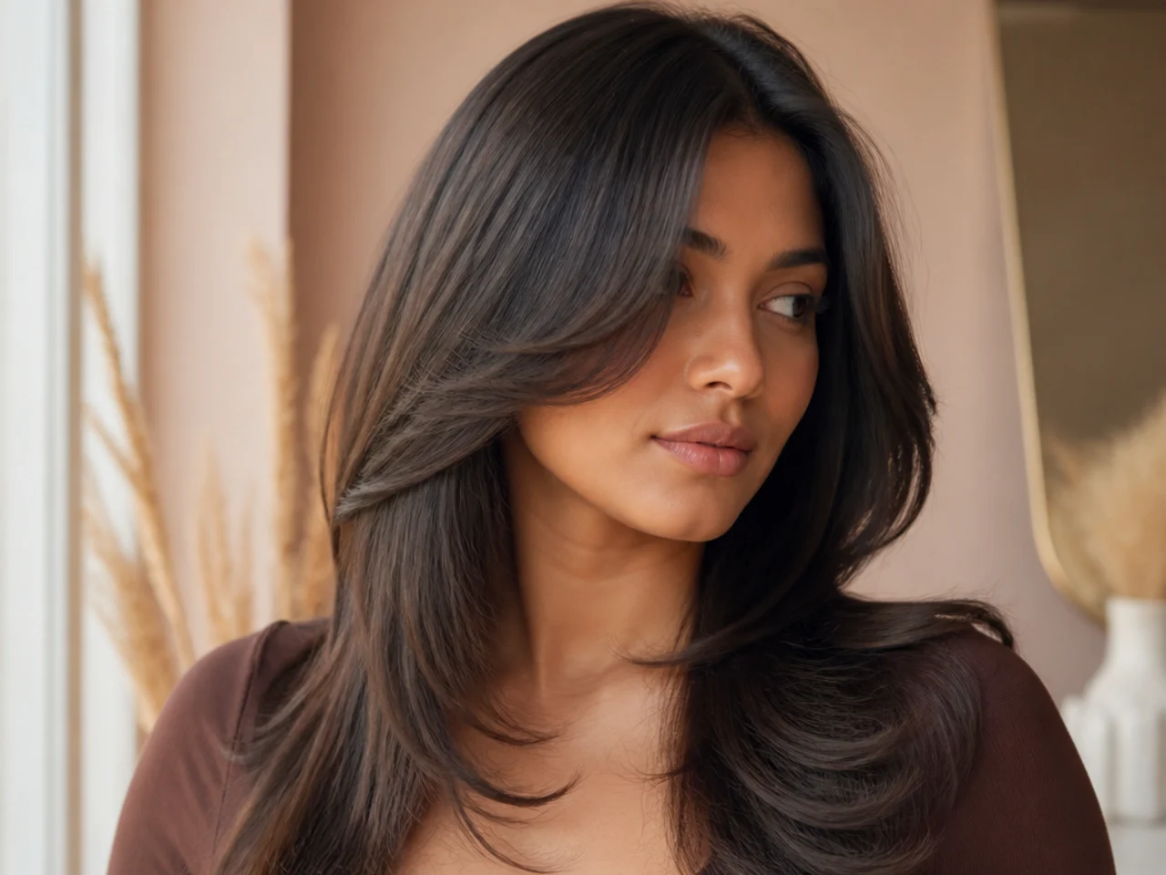 Glossy blow dried hair with front sections curving away from the face in a smooth sweep