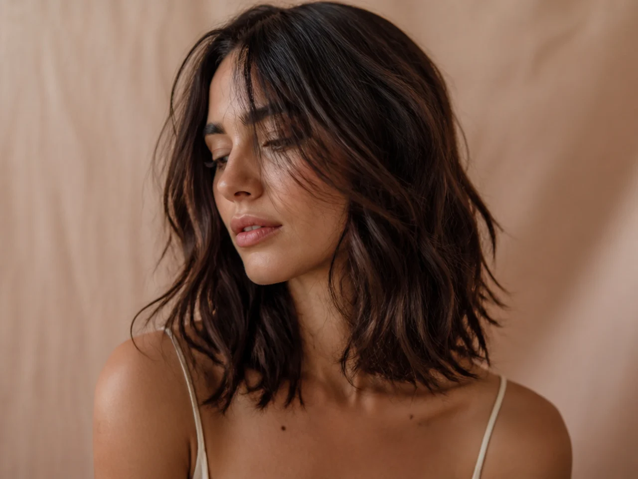 Undone air dried texture with shorter front pieces falling loosely towards the face