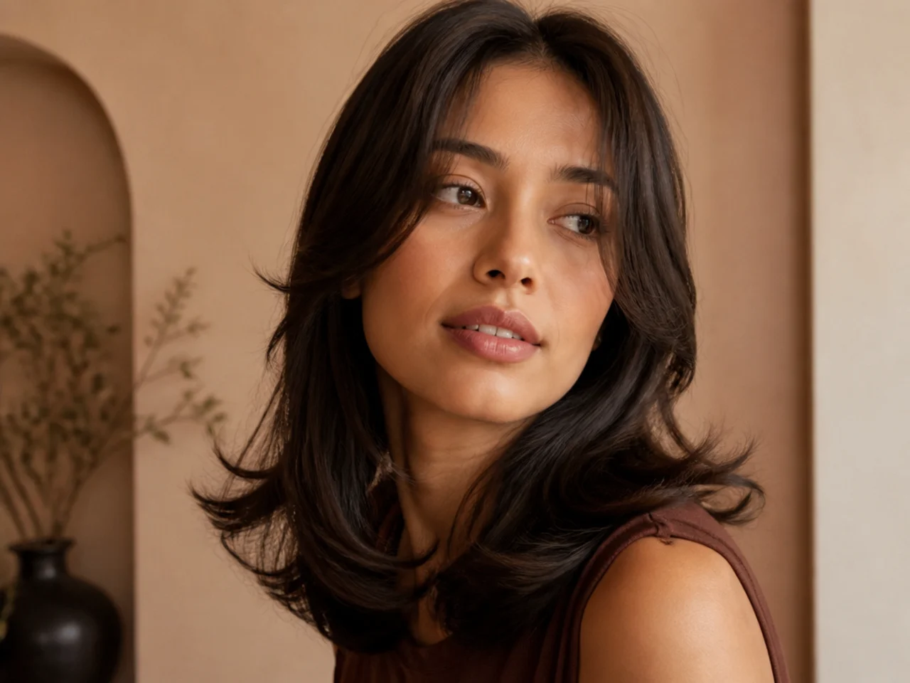 Bottom length curved under at the shoulders with shorter top layers turning outward