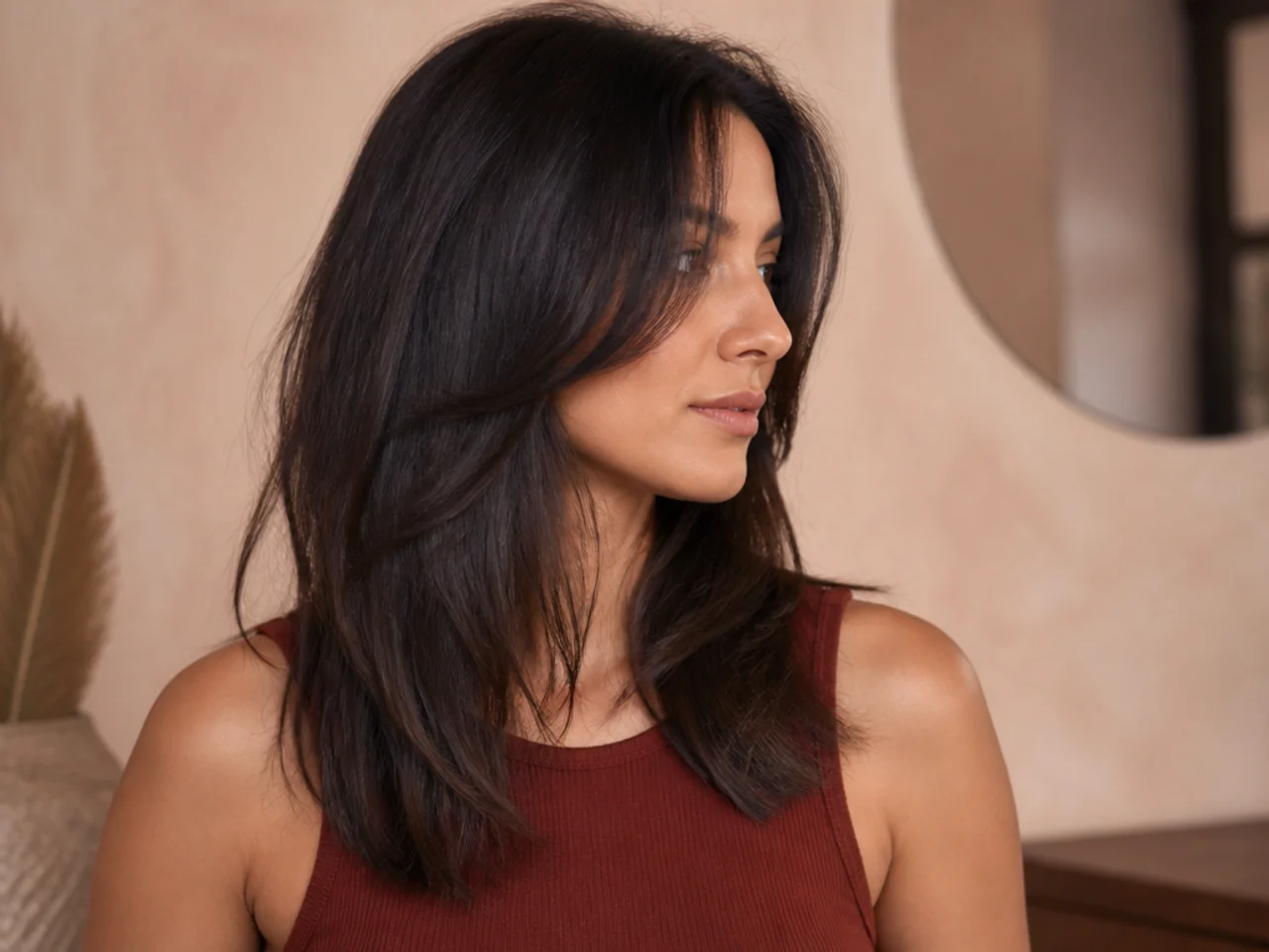 A grown out two length cut with the layers sitting closer together than when freshly cut
