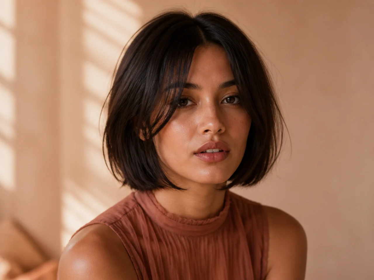 Split fringe opening at the brow and running unbroken into chin length face framing pieces