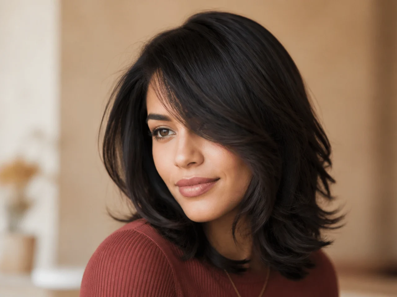 A cheekbone length fringe sweeping to one side above shoulder length layers