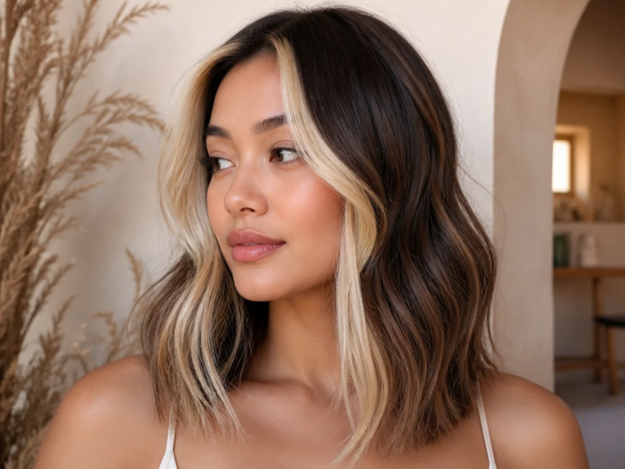 Two bright blonde front sections framing the face against darker shoulder length hair