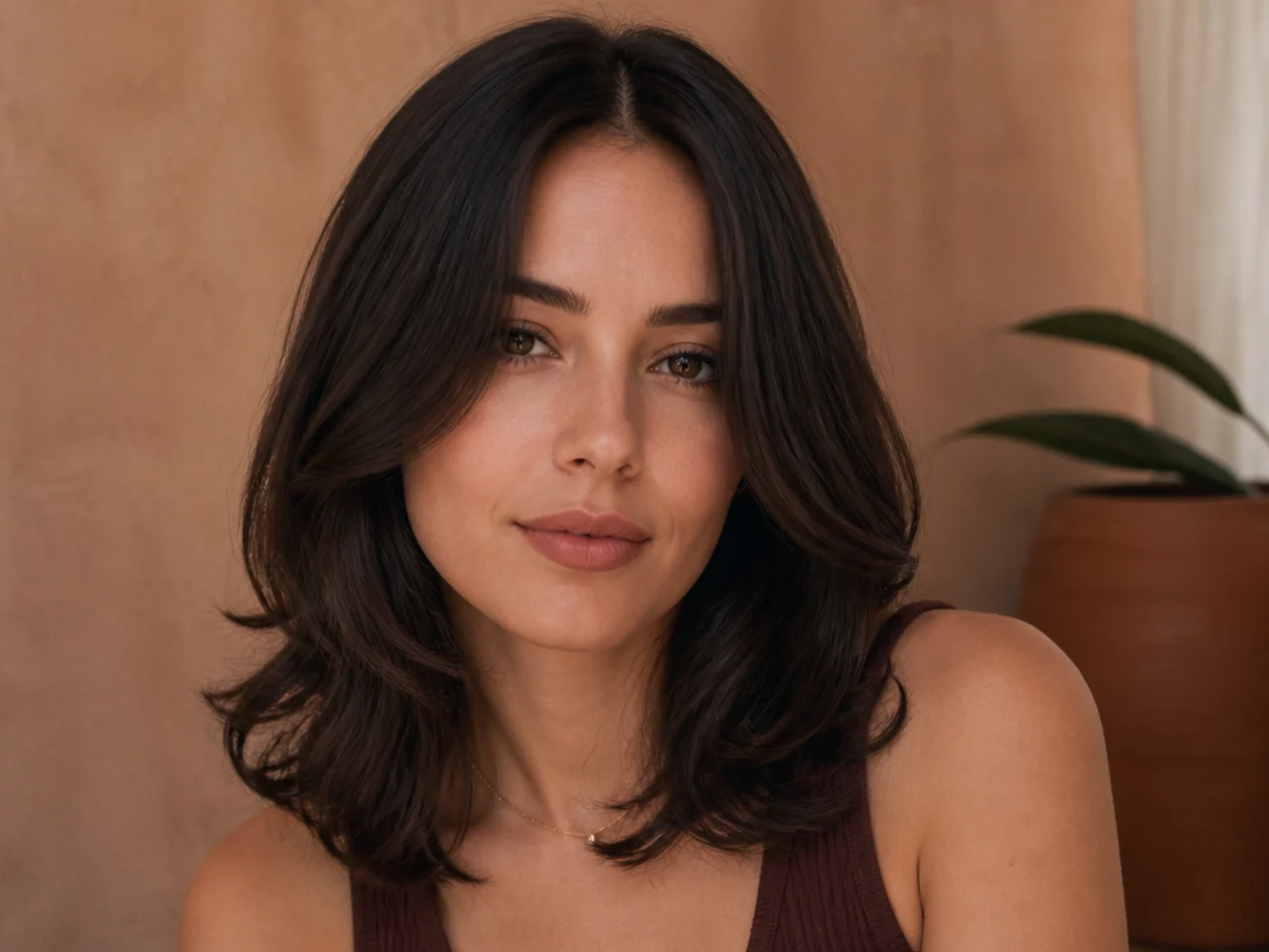 Centre parted shoulder length hair with matching curved sections on both sides of the face
