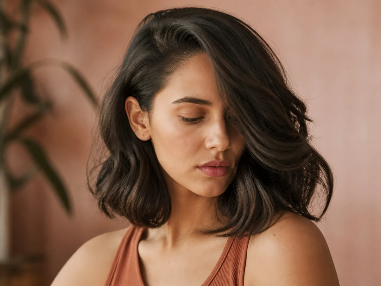 Shoulder length hair parted far to one side with more volume on the heavier side