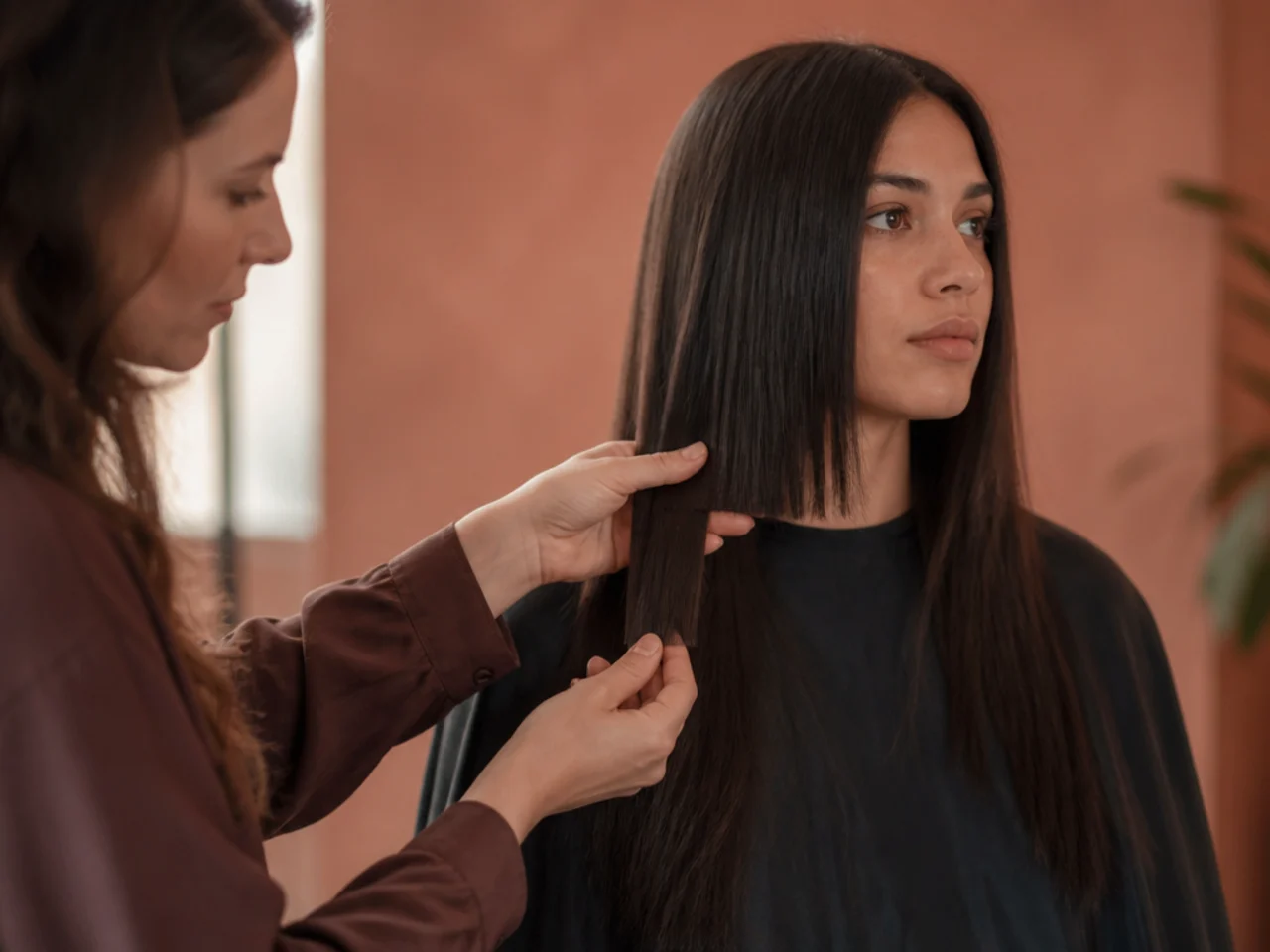 A stylist holding a section of hair at chin level against a longer length to check the gap