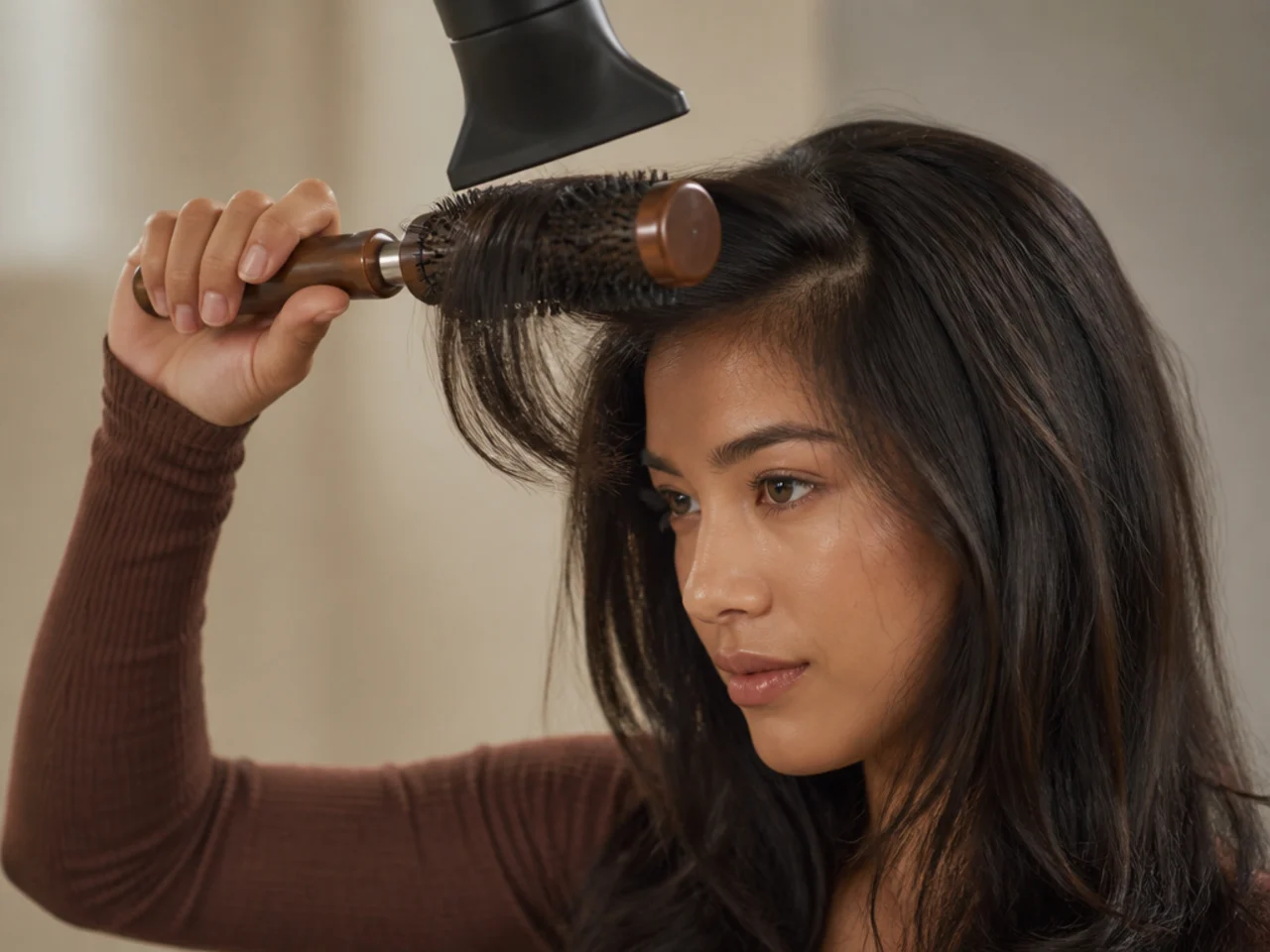 A round brush drying a front section of hair away from the face with a dryer nozzle angled downward
