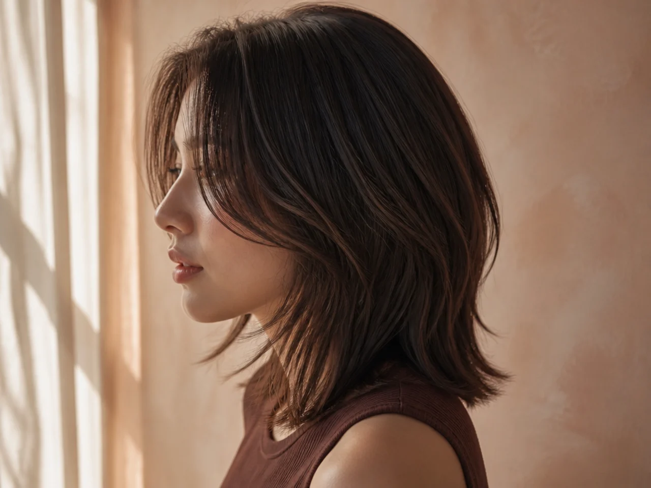 Side view showing a short chin length layer resting over a longer collarbone length section