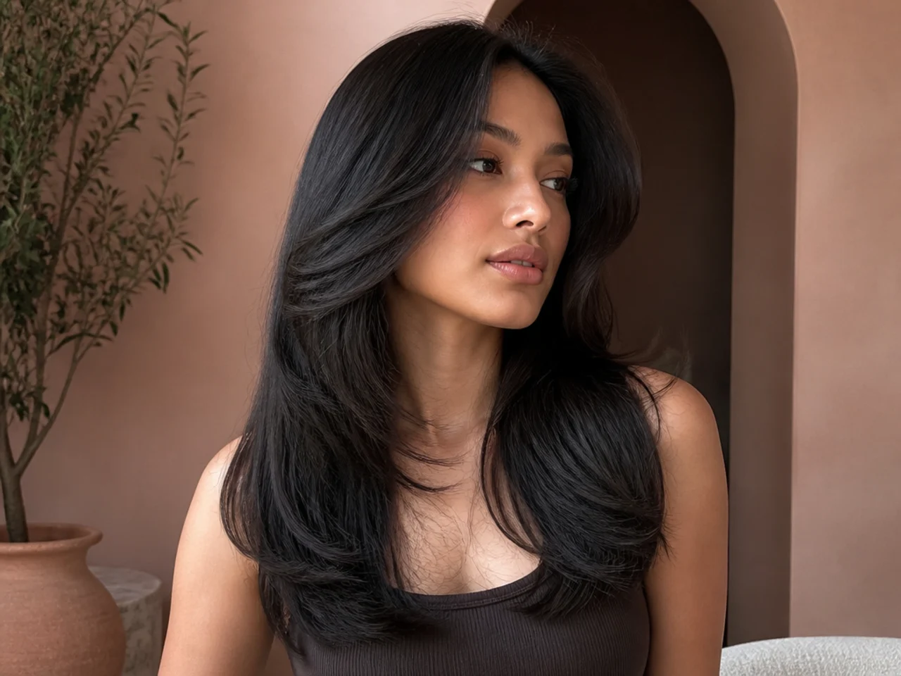 Thick dark straight hair in a butterfly cut with weight removed underneath