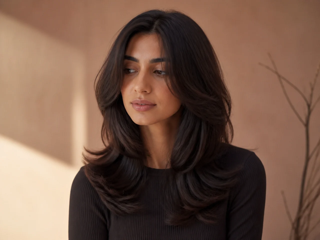 A centre parted butterfly cut with matching short layers on both sides