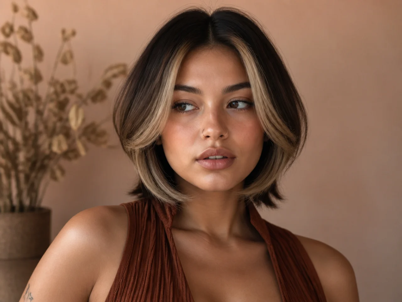 Two bright lightened front panels framing the face on a short butterfly cut
