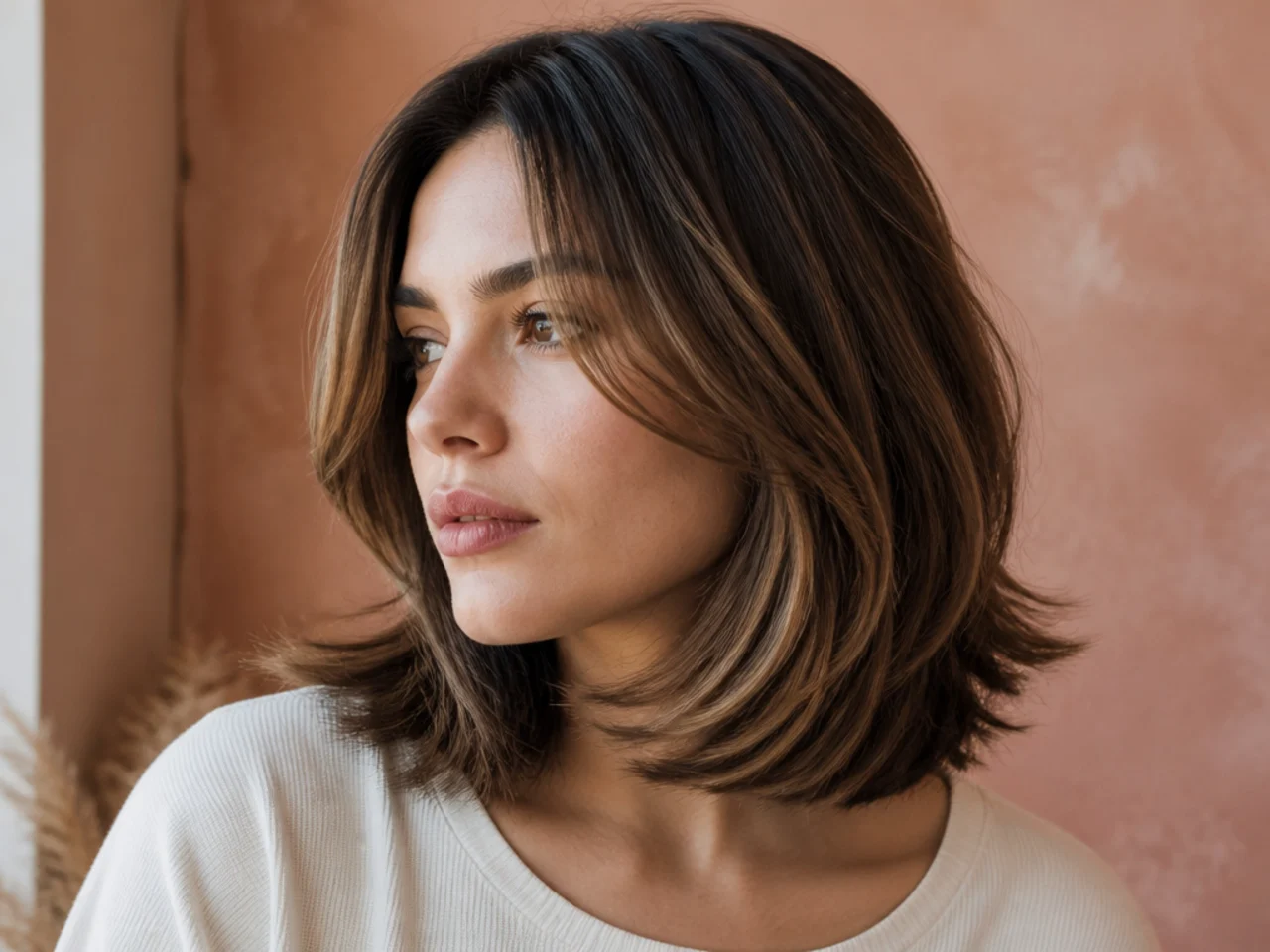 Painted balayage brightening the outer surface of a short straight butterfly cut