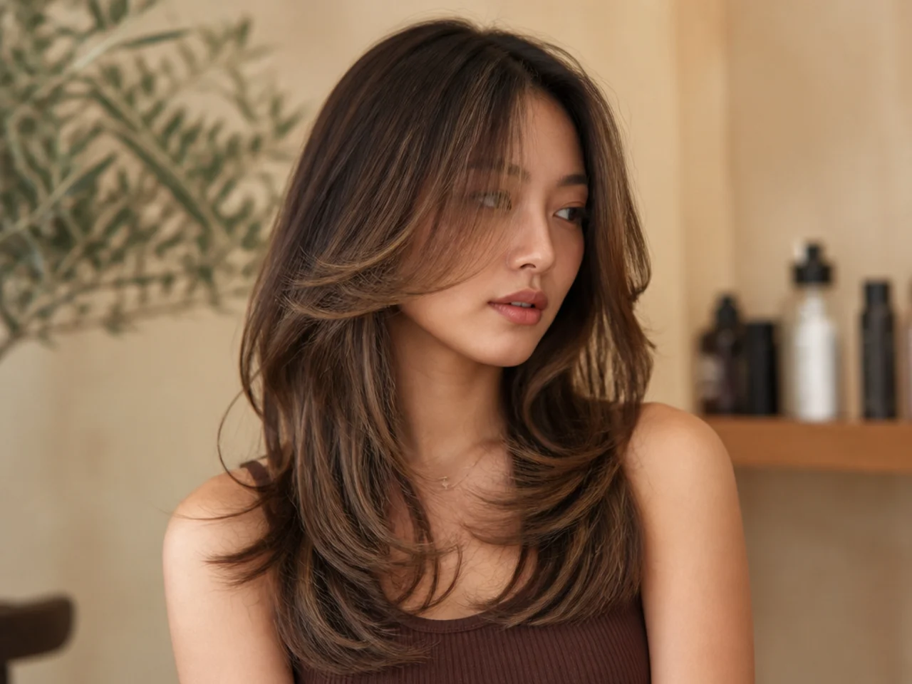 A butterfly cut with darker roots melting into lighter mid lengths at the parting