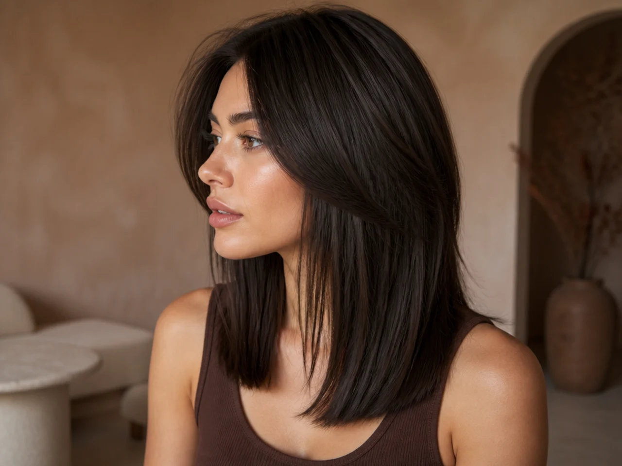 Short standing crown layers above a long blunt perimeter on straight hair