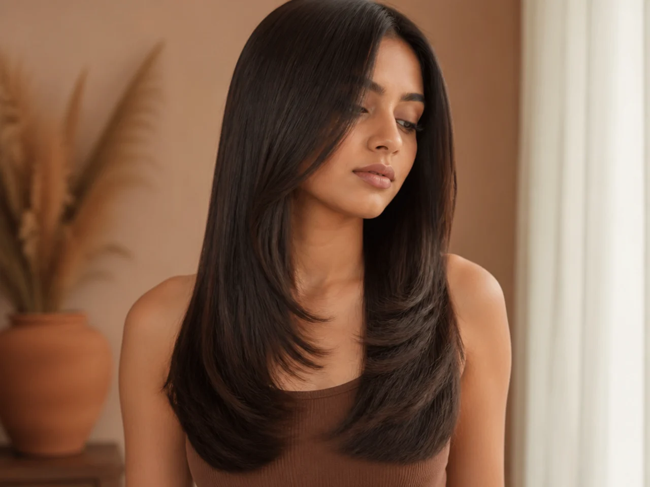 A butterfly cut ironed perfectly straight showing both lengths cleanly
