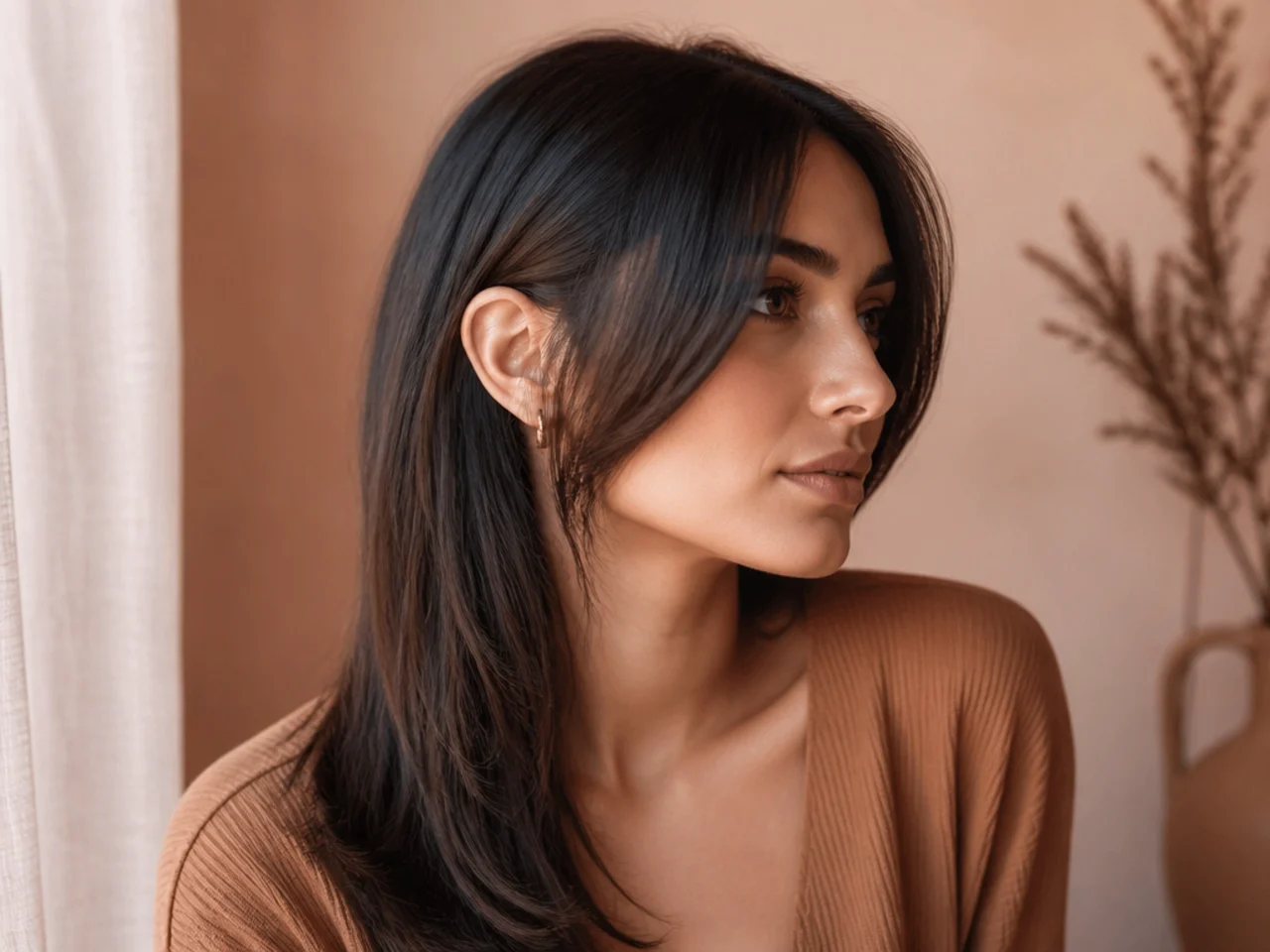 Longer lengths tucked behind the ear with the short front layer left forward