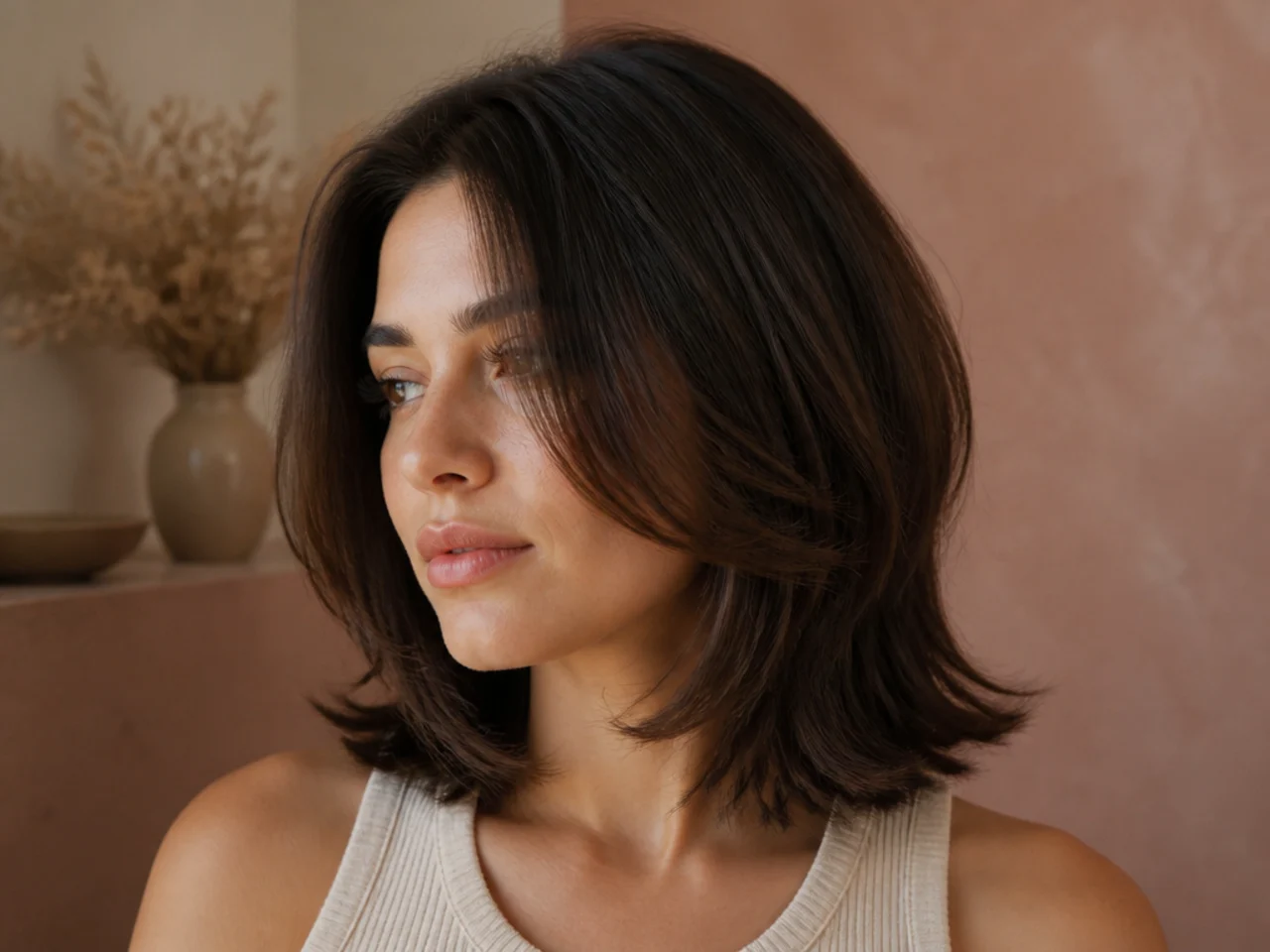 A shoulder length lob with a chin length butterfly layer at the front
