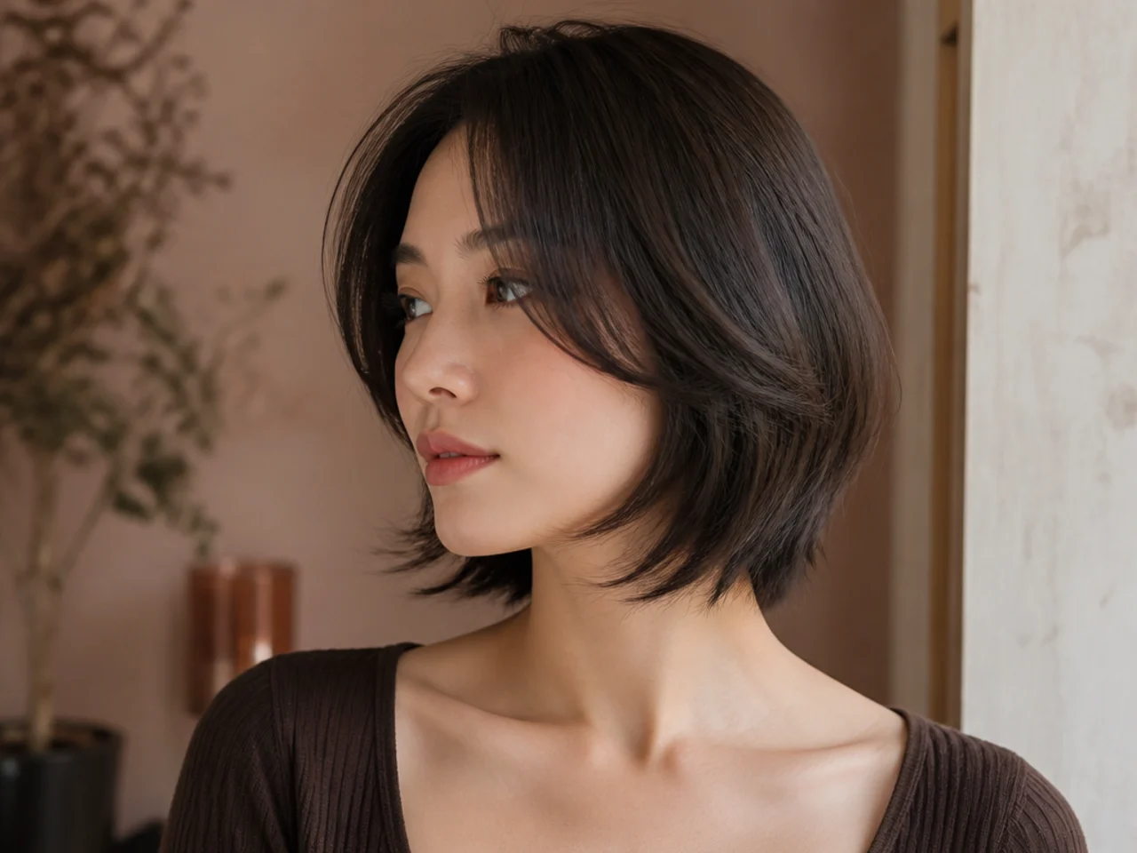 Short straight hair with parted curtain bangs flowing into a butterfly layer
