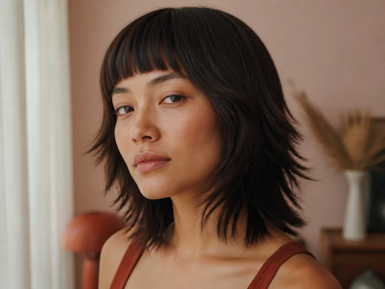 A blunt straight fringe above a short butterfly cut with a solid perimeter