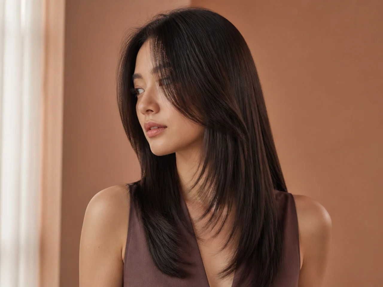 A high face framing layer starting level with the cheekbone on straight hair