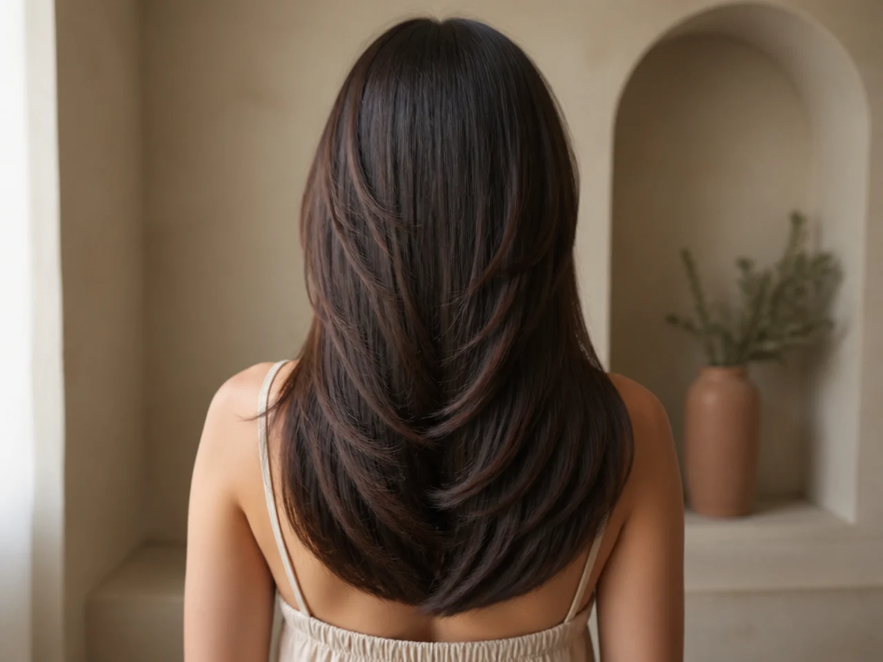 Back view of a butterfly cut with a hard straight edge across the perimeter