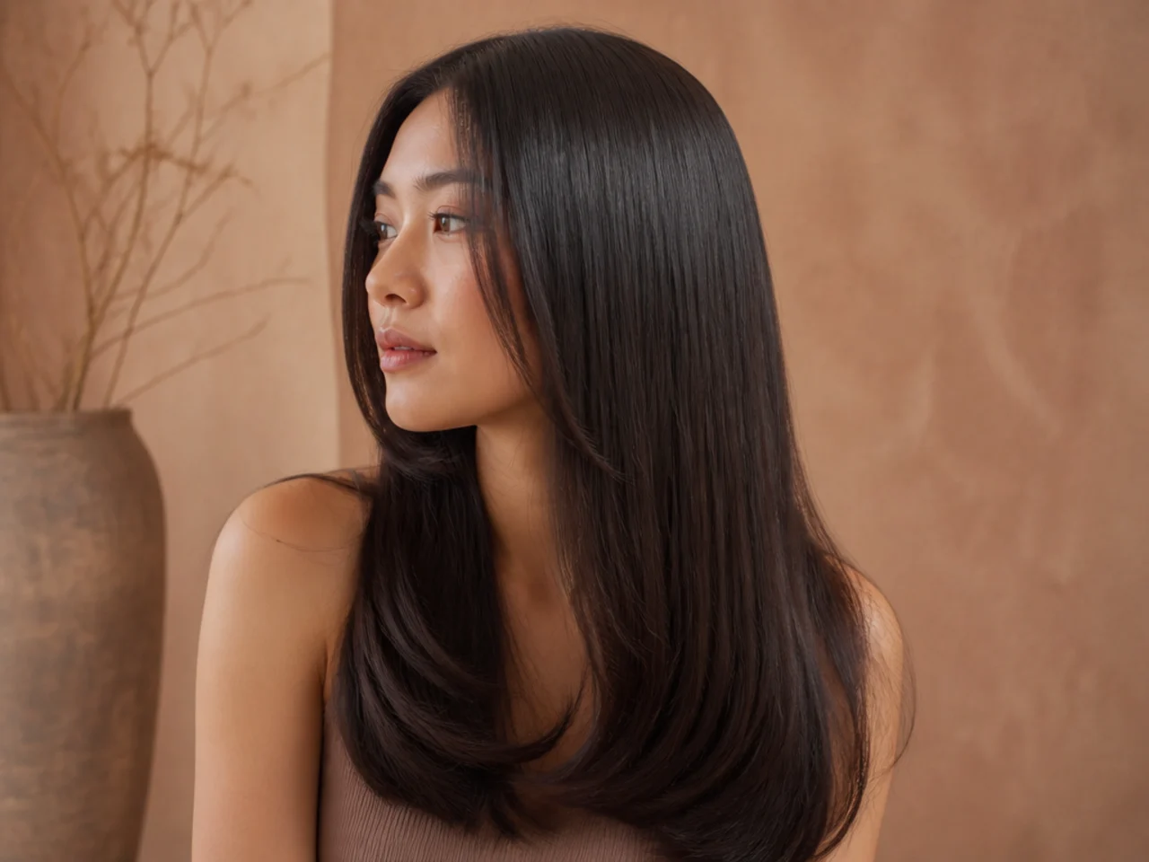 Straight hair with hidden internal layers and an unbroken smooth outer surface