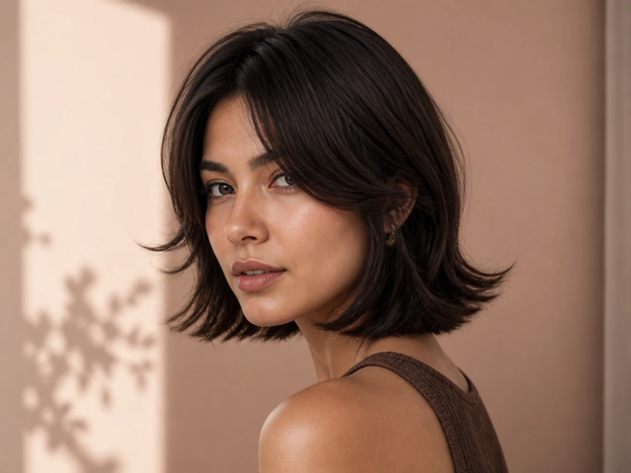 Three quarter portrait of short straight hair cut into a butterfly shape