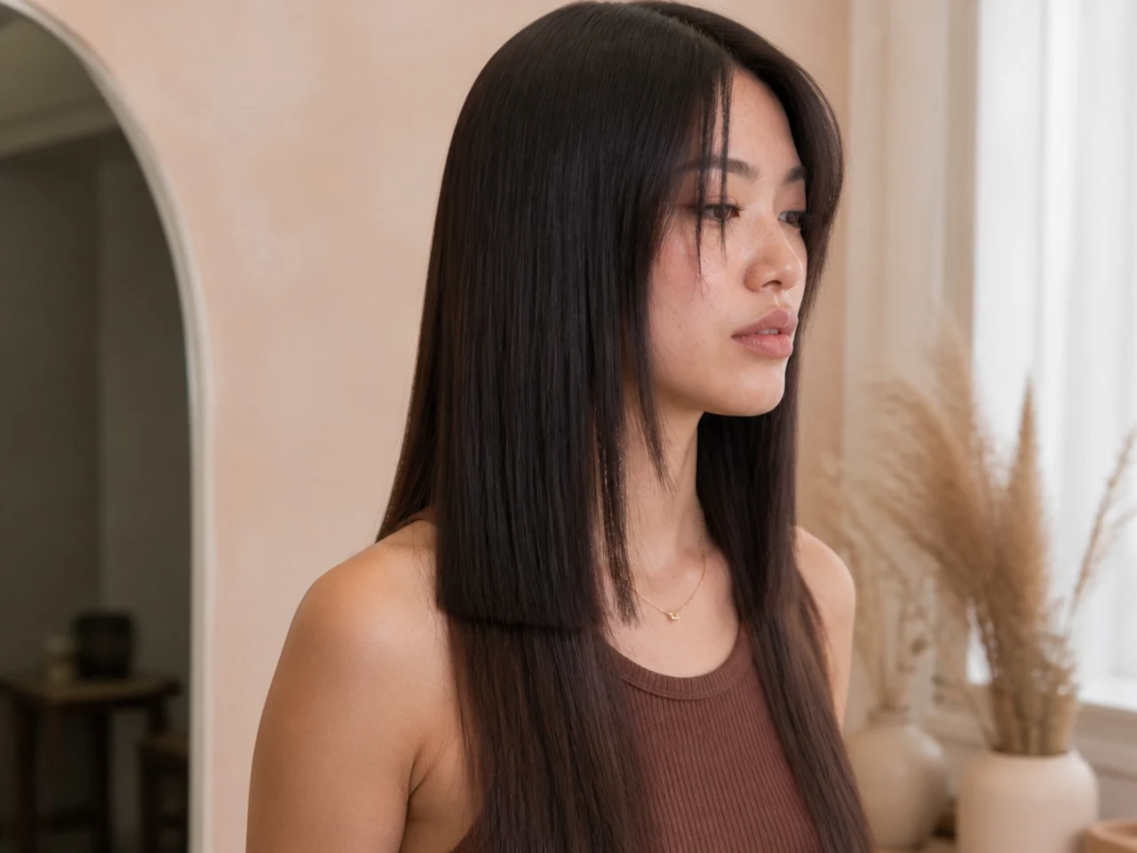 Straight hair showing a hard unblended step where a short layer meets a longer one