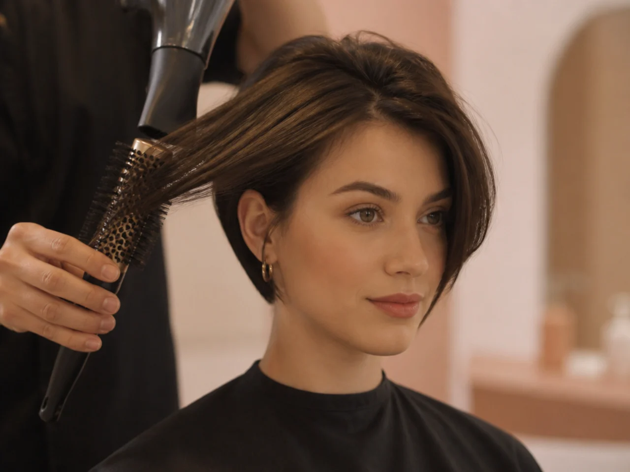 A round brush drying a short front layer forward and away from the cheek