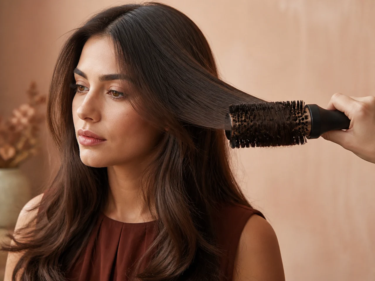 A front section of hair pulled outward on a round brush away from the cheek