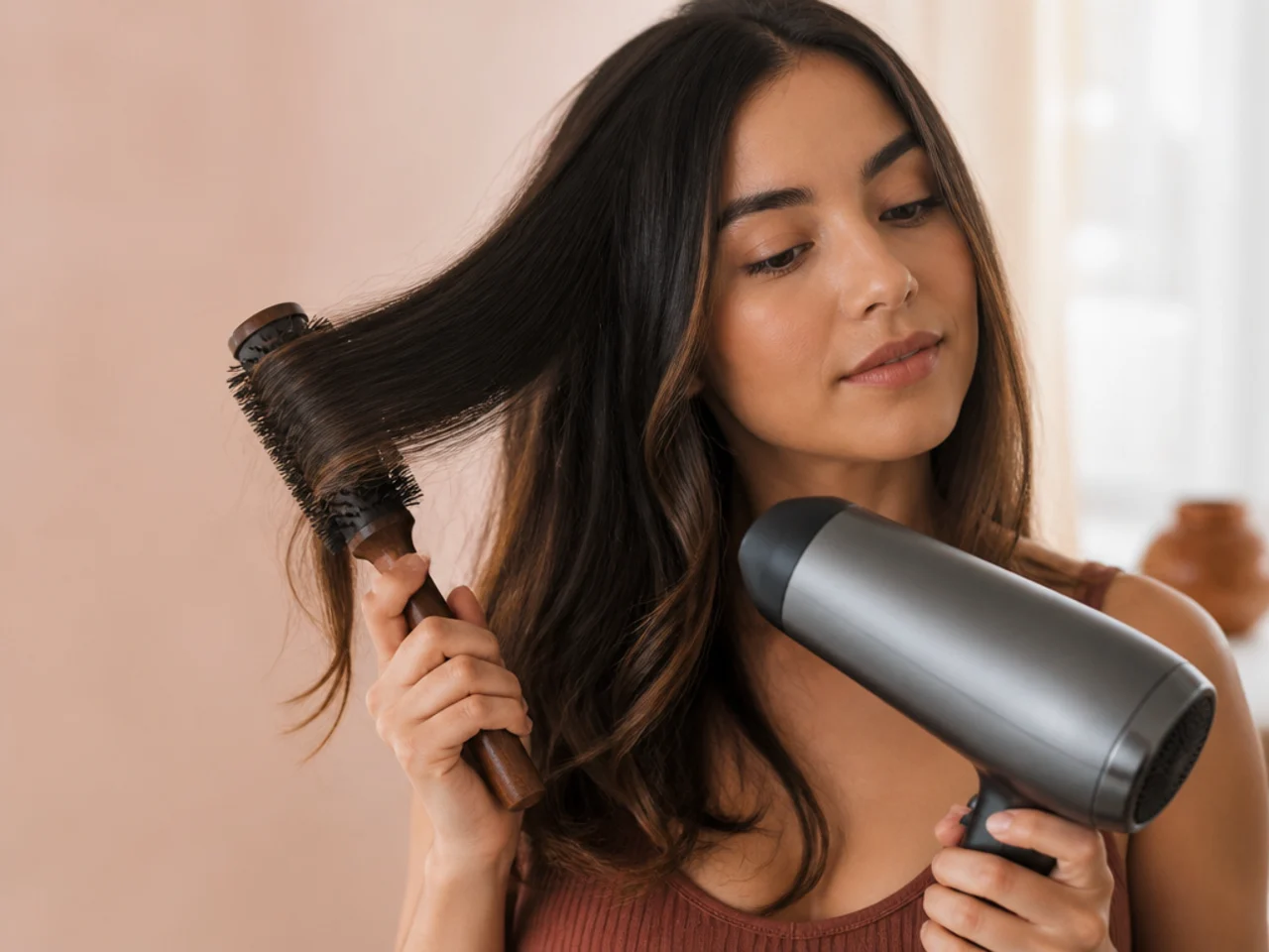 Hair wrapped around a round brush being cooled with the dryer on a cold setting