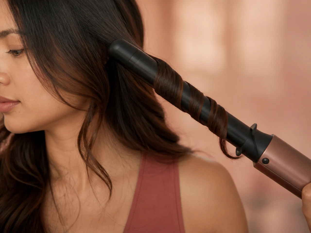 Only the final inches of a front section wrapped around a wide curling wand