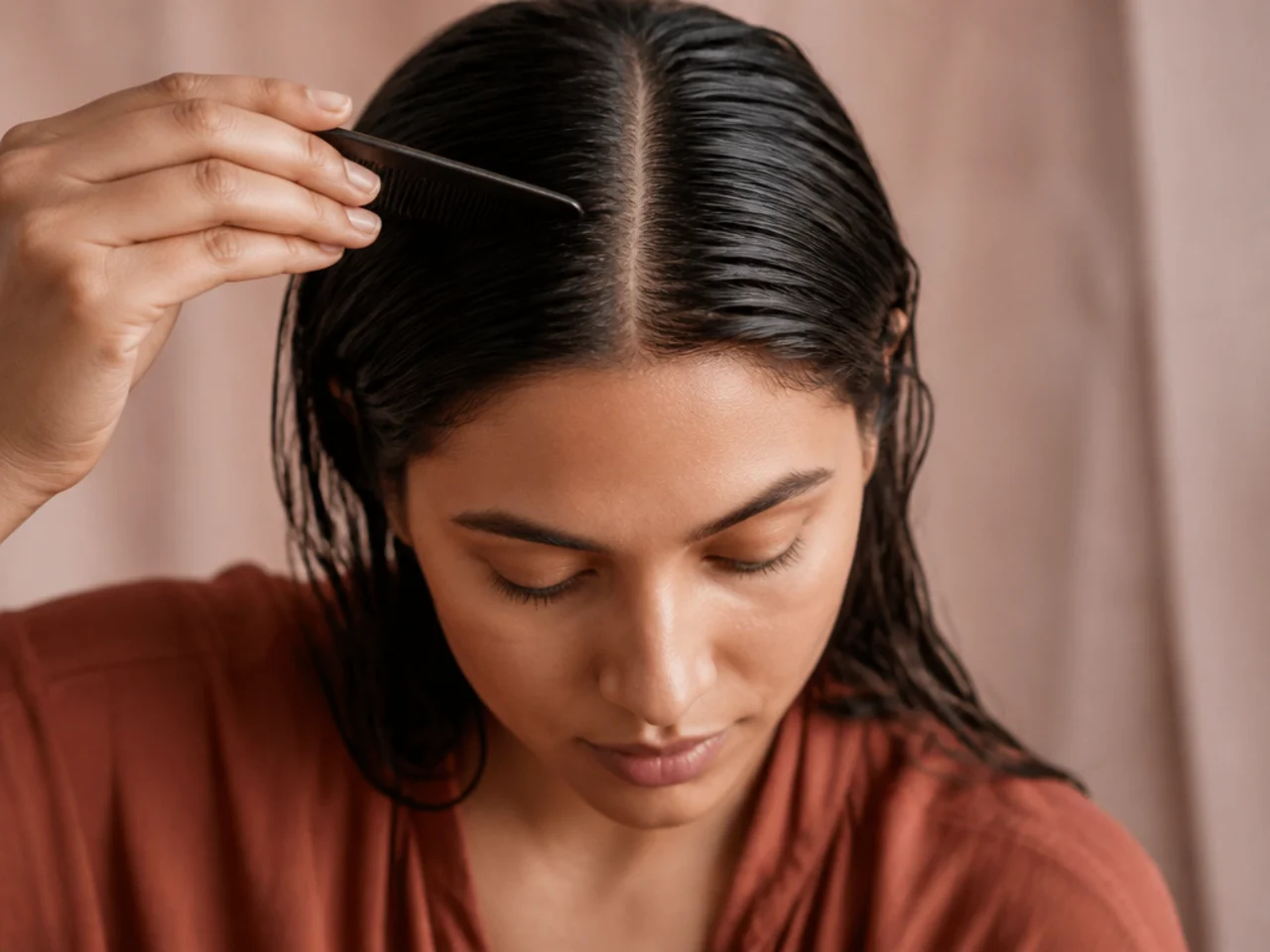 A comb drawing a clean centre parting through damp hair