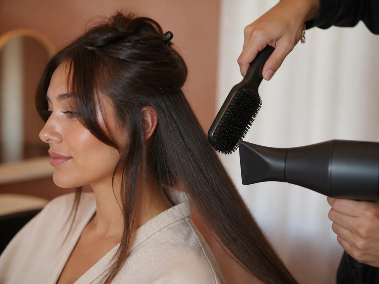 A brush drawing the bottom section of hair straight down with the dryer nozzle following it