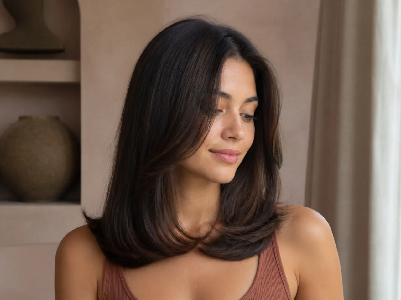 The bottom ends of the hair curving under at the shoulders after a round brush pass