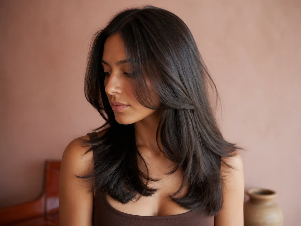 A flat overstyled layered cut with no separation between the two lengths