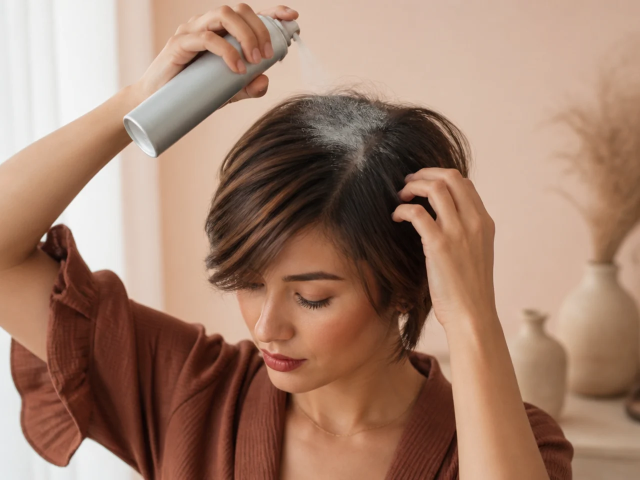 Dry shampoo being applied at the crown roots of a layered short style